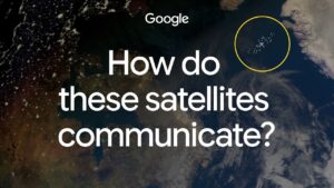 Two satellites communicating in orbit using a focused laser beam.