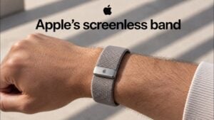 Concept render of a screenless Apple fitness band on a wrist.