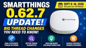 A SmartThings V3 hub sitting on a wooden table