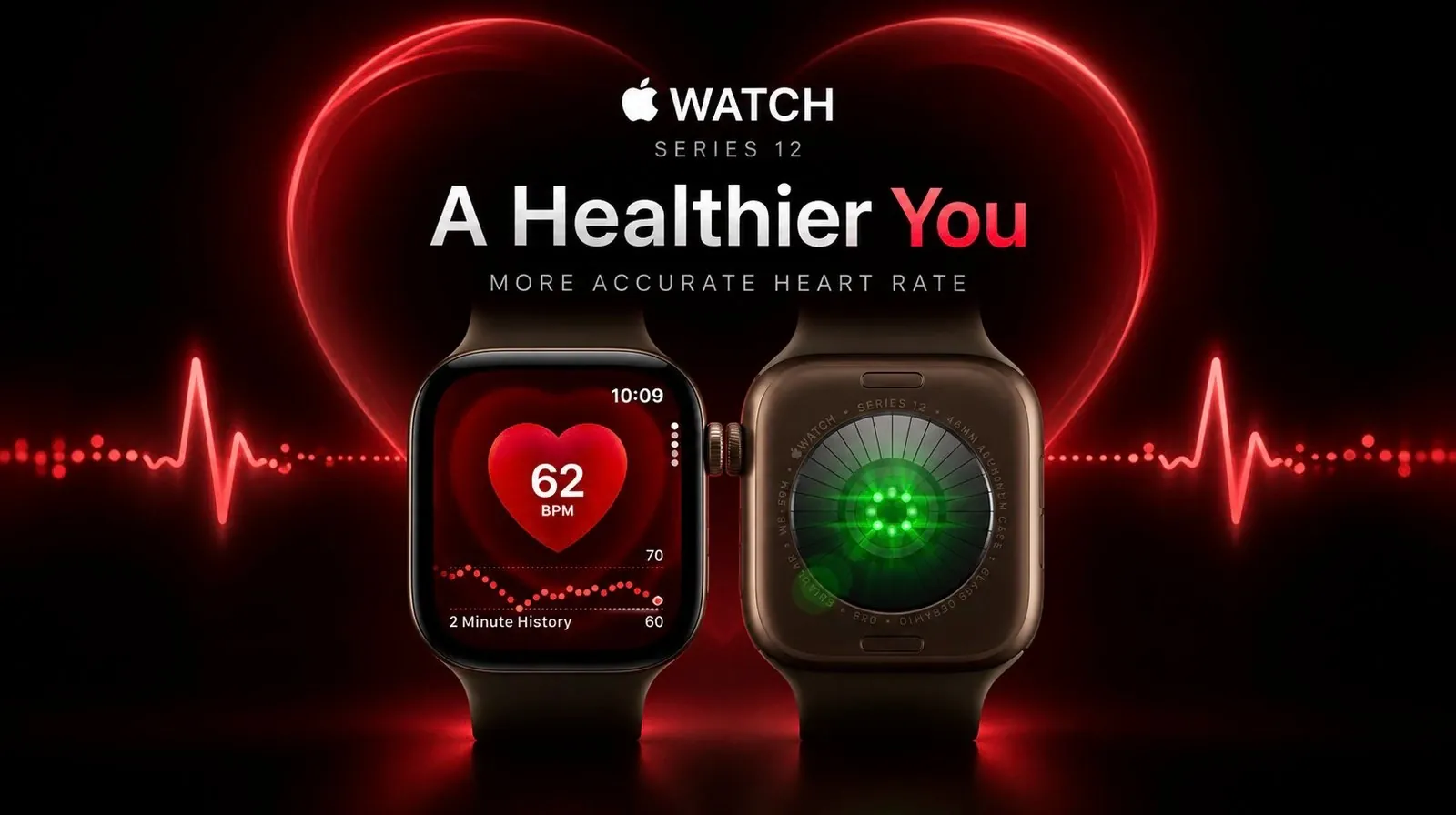 Apple Watch Series 12 displaying a heart rate reading on the screen.