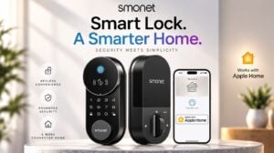 The SMONET AH1 smart lock mounted on a wooden front door.