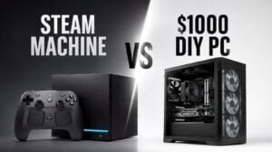Black Steam Machine console sitting on a modern TV entertainment center.