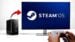 A mini PC running the SteamOS gaming interface on a monitor.