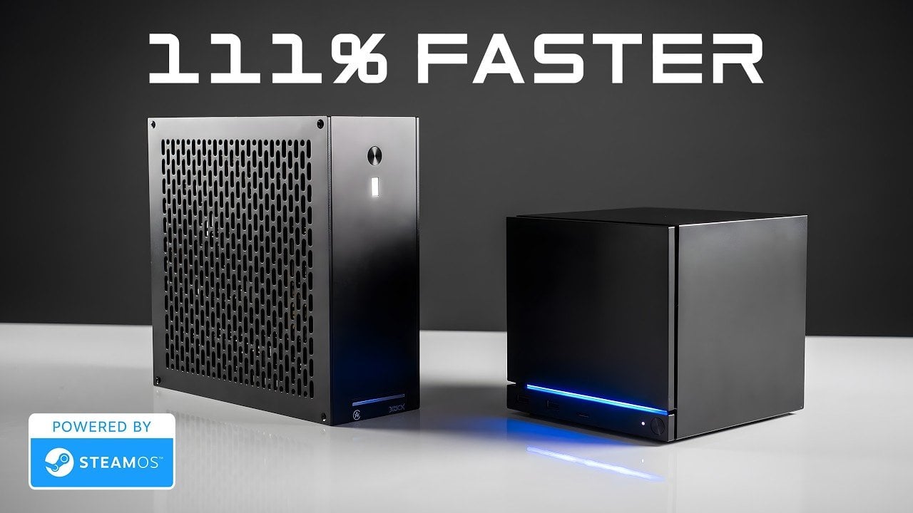 A compact 4.6L mini PC running SteamOS on a monitor.