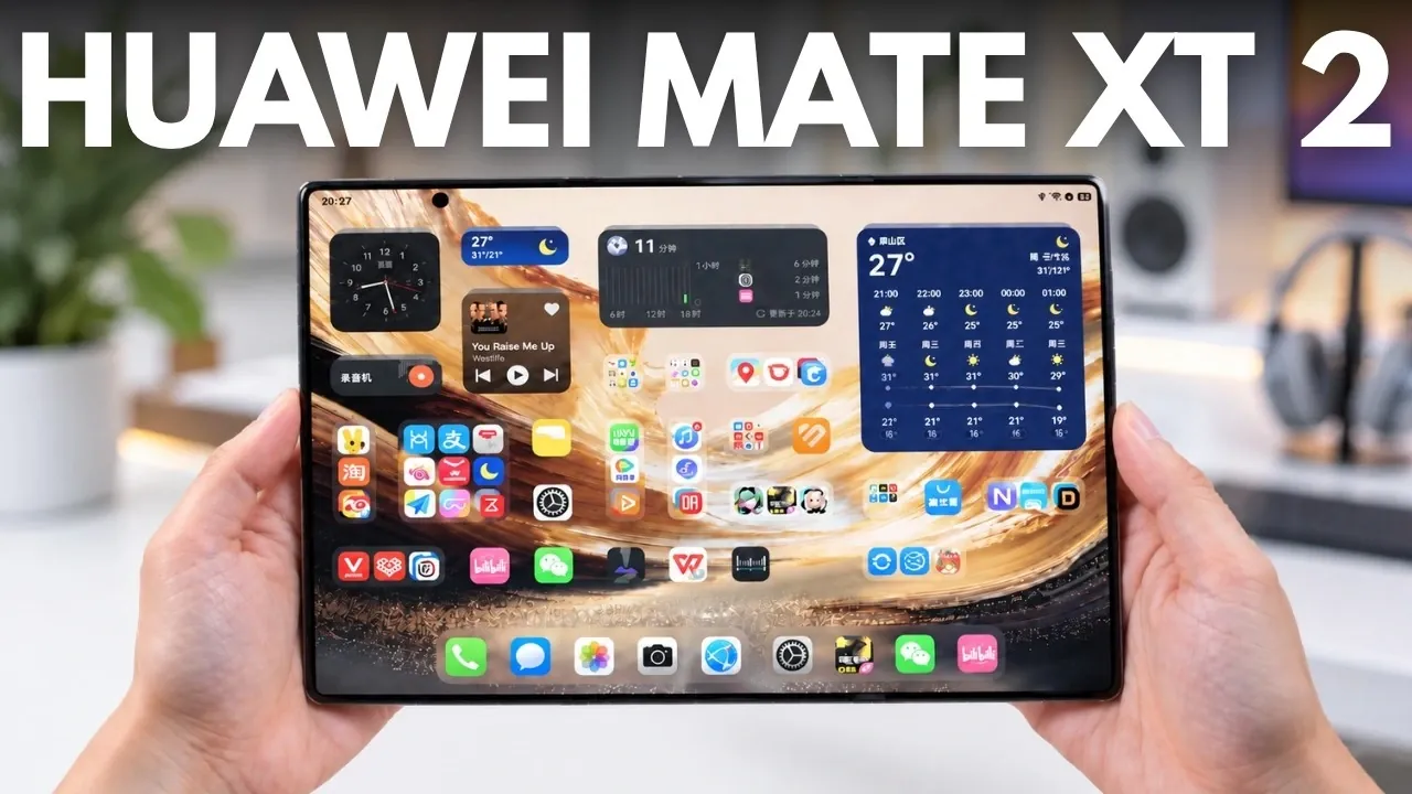 The Huawei Mate XT 2 folded into its smartphone configuration showing the 6.5-inch outer display.