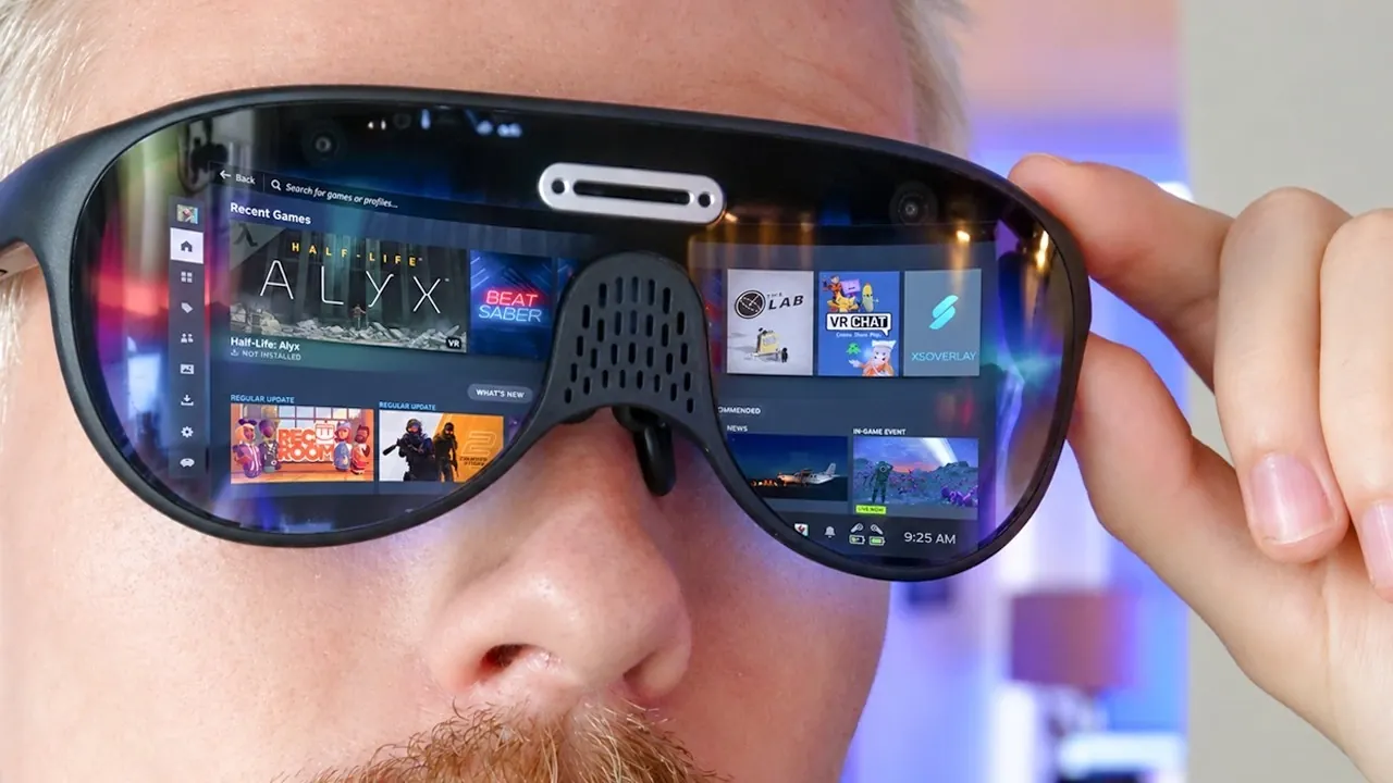 Front view of the URXR1 smart glasses resting on a wooden desk.