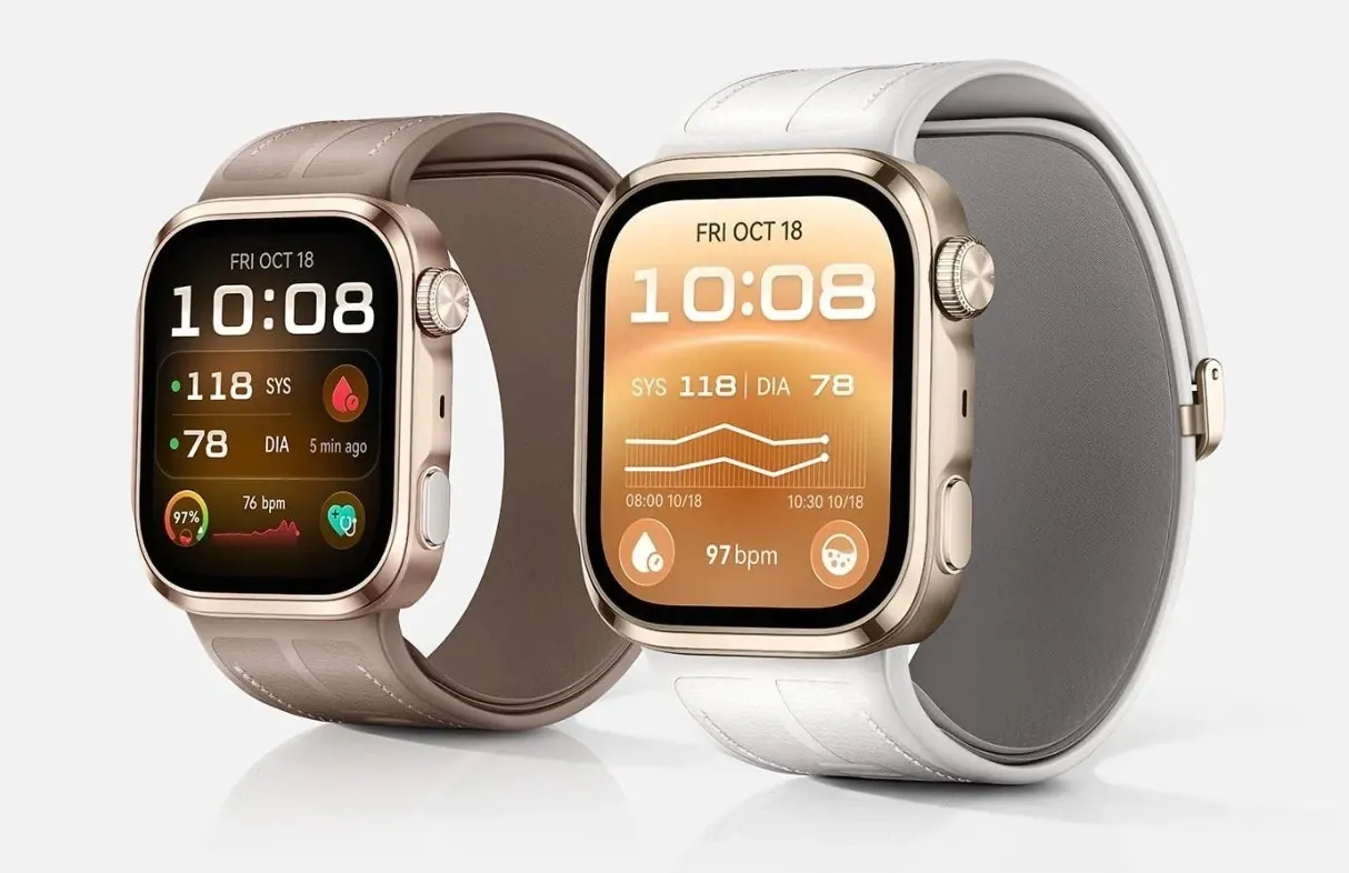 Comparing the Huawei Watch D3 next to a traditional Omron blood pressure monitor