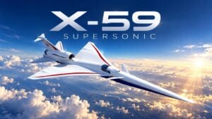 The X-59 experimental supersonic aircraft flying over a desert landscape.