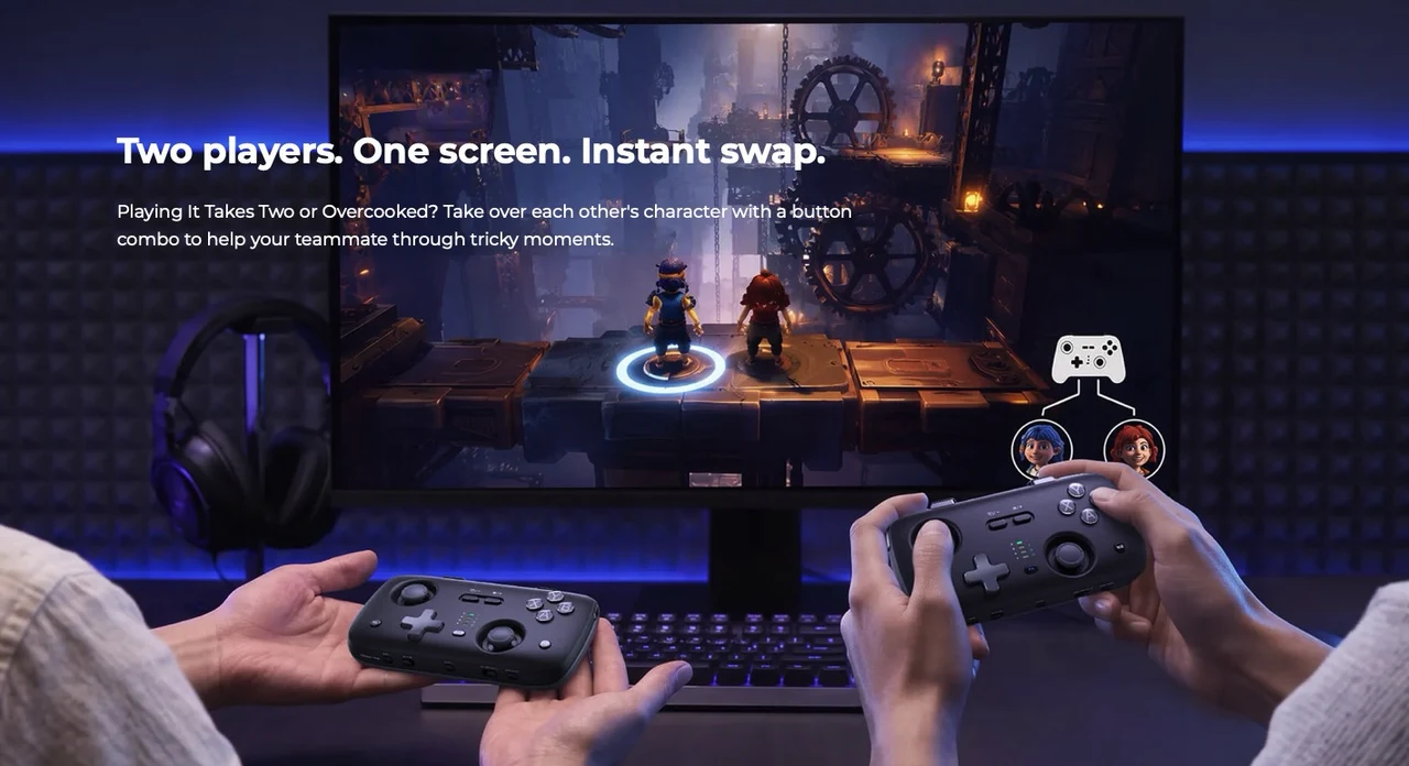Two players. One screen. Instant swap.