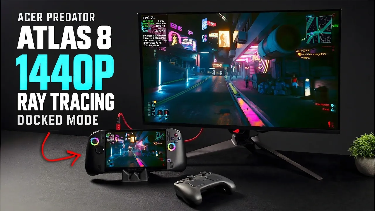 Cyberpunk 2077 running on the Acer Predator Atlas 8 screen.