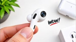 Concept rendering of Apple AirPods featuring built-in camera lenses.