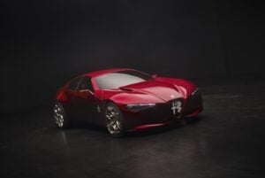 Front exterior view of the red Alfa Romeo Cuorerosso concept car.