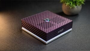 Front view of the AMD Ryzen AI Max Plus Pro 495 mini PC showing the LED strip.