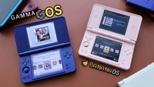 The Anbernic RG DS Plus handheld console running its stock operating system.
