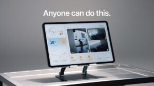 A 13-inch Android tablet displaying a custom smart home dashboard.