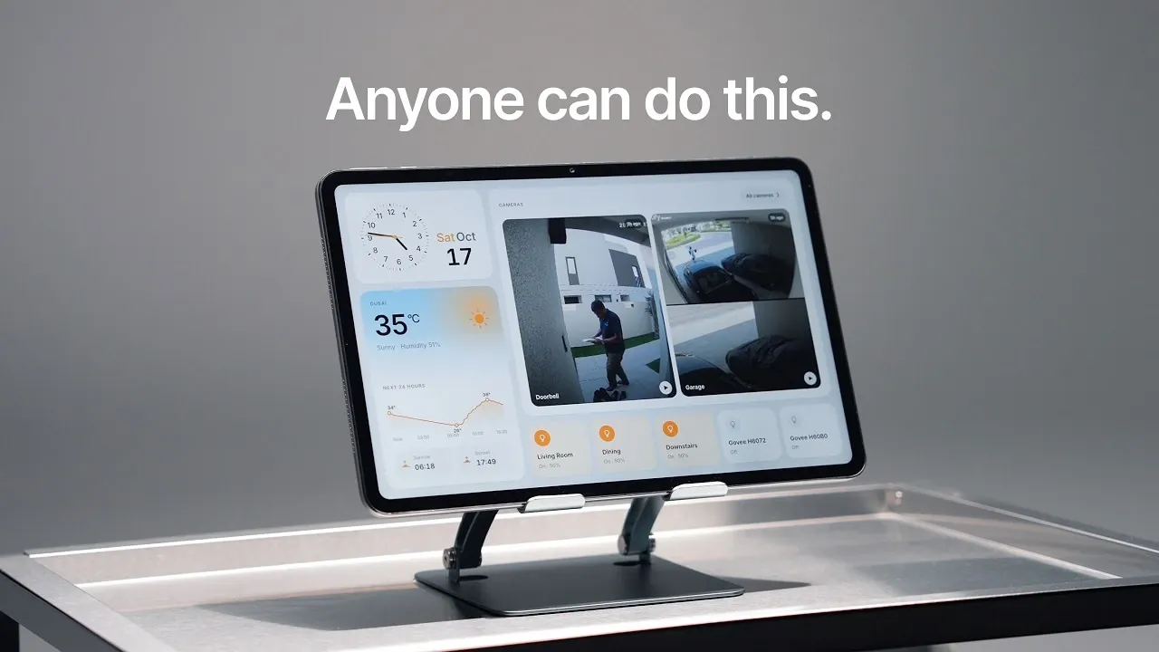 Swipeable dashboard screens showing weather, Spotify controls, and a clock.