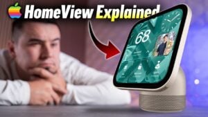 The Apple HomeView displaying a customizable HomeKit control panel on its 7-inch screen.