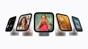 The 7-inch Liquid Retina display of the Apple HomeView device showing the home screen.