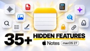 The Apple Notes interface on macOS 27 showing linked notes and collapsible sections.