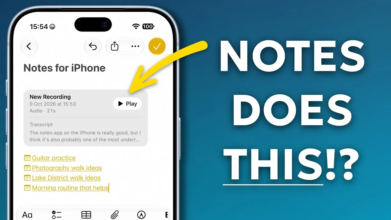 Audio recording and text transcription displayed inside an Apple Note.