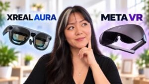 Side-by-side comparison of the XREAL Aura and Meta VR glasses on a table.