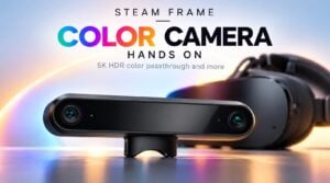 The Arcturus Vision color pass-through camera attached to the Steam Frame headset.
