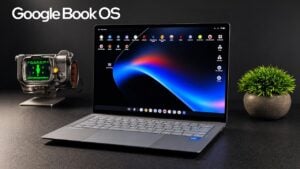 The Asus Google Book 14 laptop positioned on a desk.