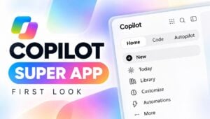 The Home tab interface of the new Microsoft Copilot super app.