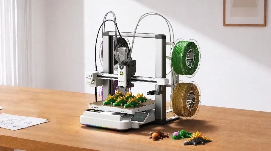 A completed multicolor toy printed with zero external purge waste