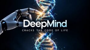 A digital representation of the DeepMind AlphaGenome artificial intelligence model analyzing a genome.
