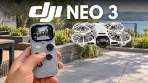 A conceptual view of the rumored DJI Neo 3 drone flying outdoors.