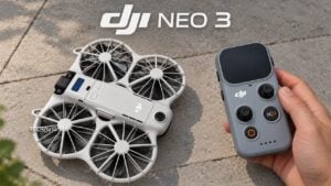 A conceptual front view of the rumored DJI Neo 3 drone hovering.