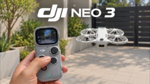 Leaked footage of the rumored DJI Neo 3 drone hovering in mid-air.