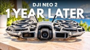 DJI Neo 2 drone resting on a wooden table.