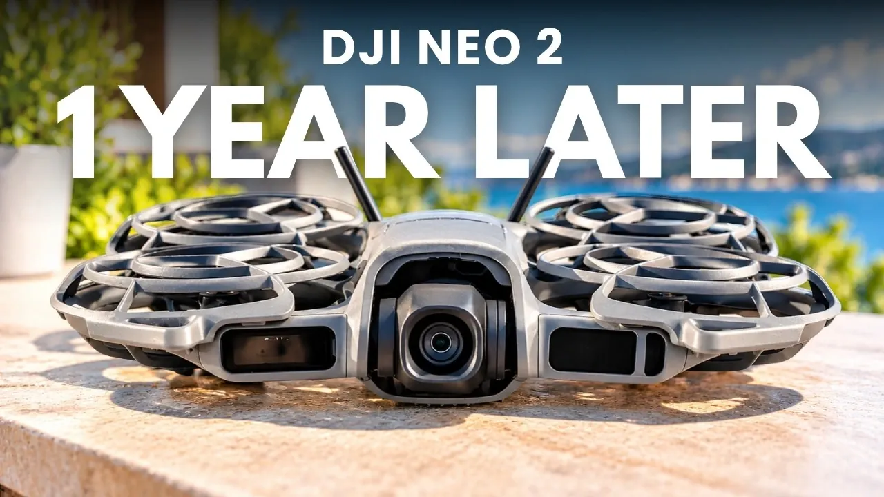 The DJI Neo 2 hovering mid-air during a clear day.