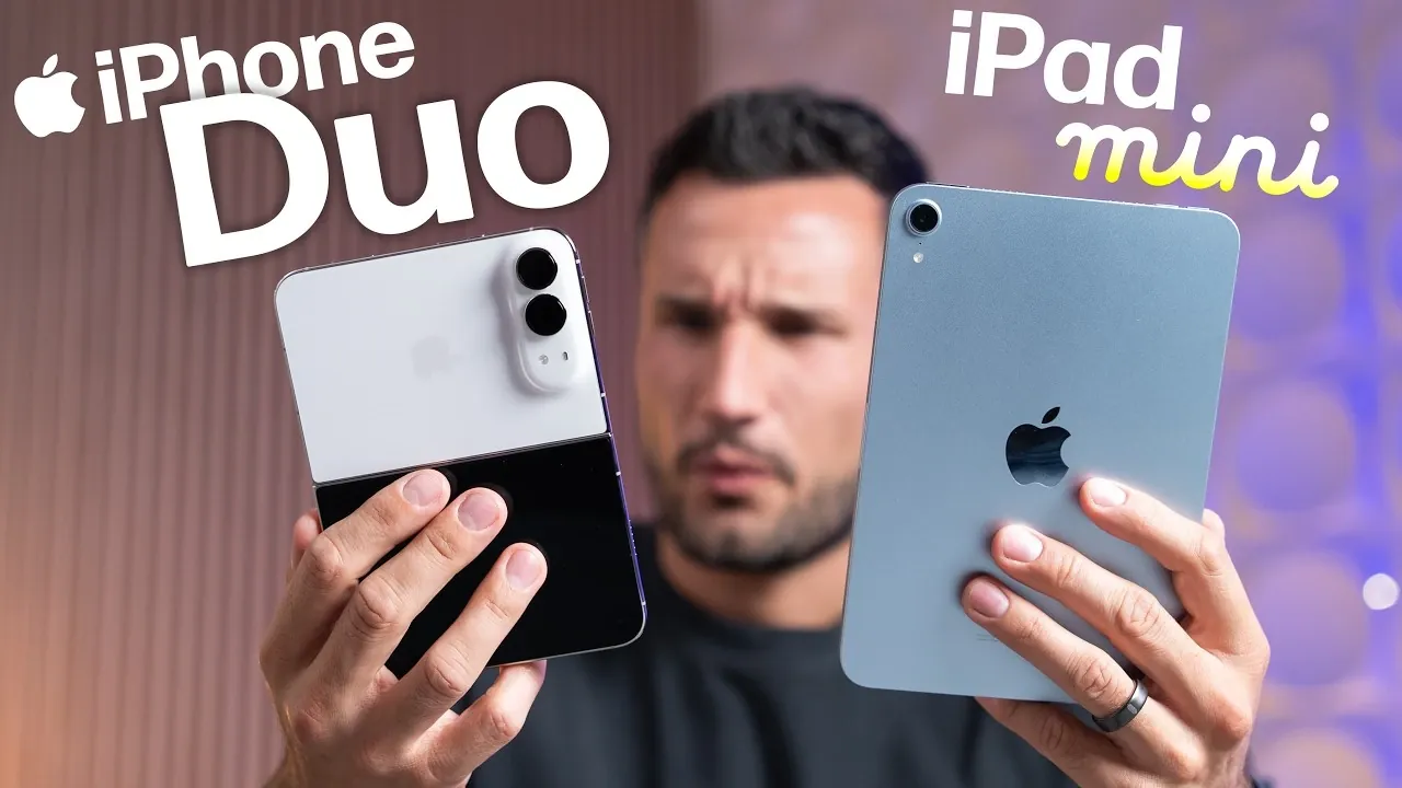 Foldable iPhone Duo device sitting next to an iPad mini