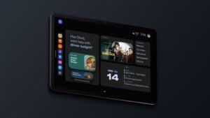 The Amazon Echo Show 16 smart display resting on a kitchen counter.