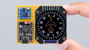 Fully assembled ESP32 digital compass showing the heading on a round screen.
