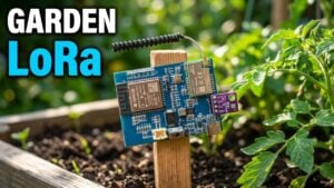 A completed DIY ESP32 LoRaWAN sensor node resting in a garden setting.