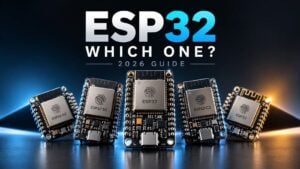 A collection of different ESP32 microcontroller boards arranged on a table.