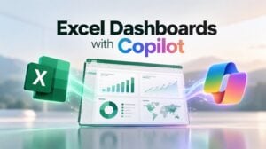 A Microsoft Excel dashboard generated by Copilot showing sales trends and total revenue.