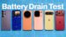 Six flagship smartphones lined up for a battery drain test comparison.