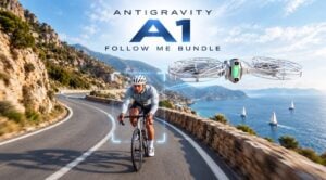 The complete Follow Me Bundle including drone, wrist remote, and ring controller.