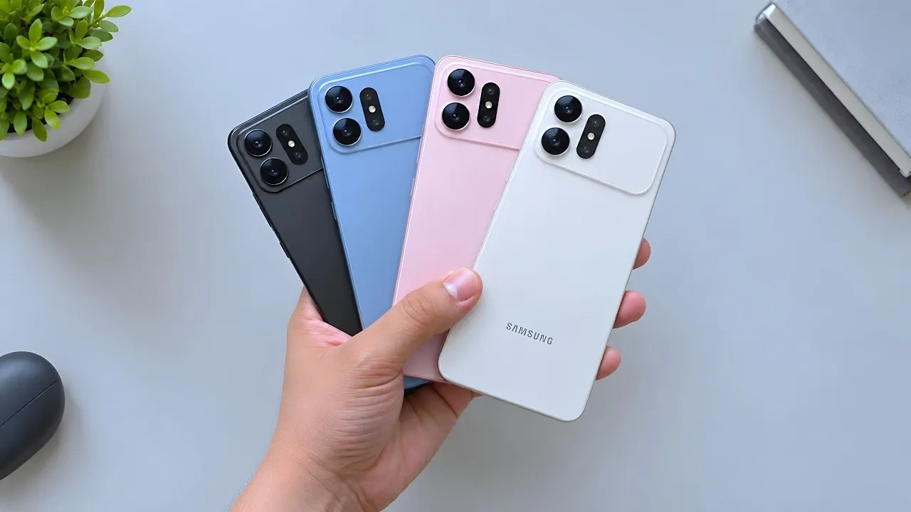 A conceptual render of a light pink Samsung smartphone