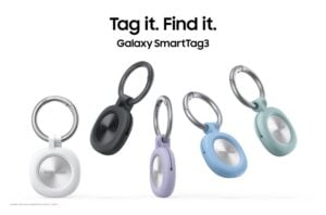 White Samsung Galaxy SmartTag3 tracking device on a flat surface.