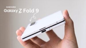 A conceptual rendering of the Samsung Galaxy Z Fold 9 smartphone partially folded.