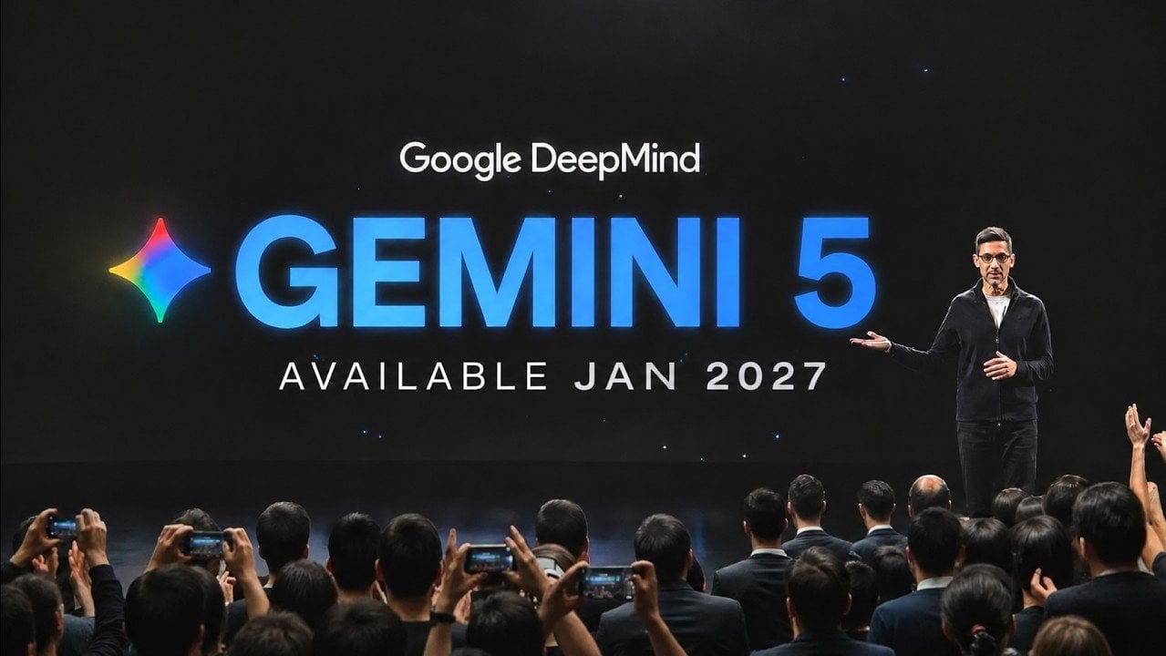 A timeline graphic showing the evolution from Gemini 4 to Gemini 5.