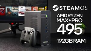 Front view of the GMK Tech Evo X5 Pro mini PC showing the power mode button.