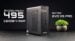 The GMKtec EVO X5 Pro mini PC standing vertically on a desk.
