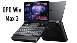 The GPD Win Max 3 mini laptop in a partially folded position.